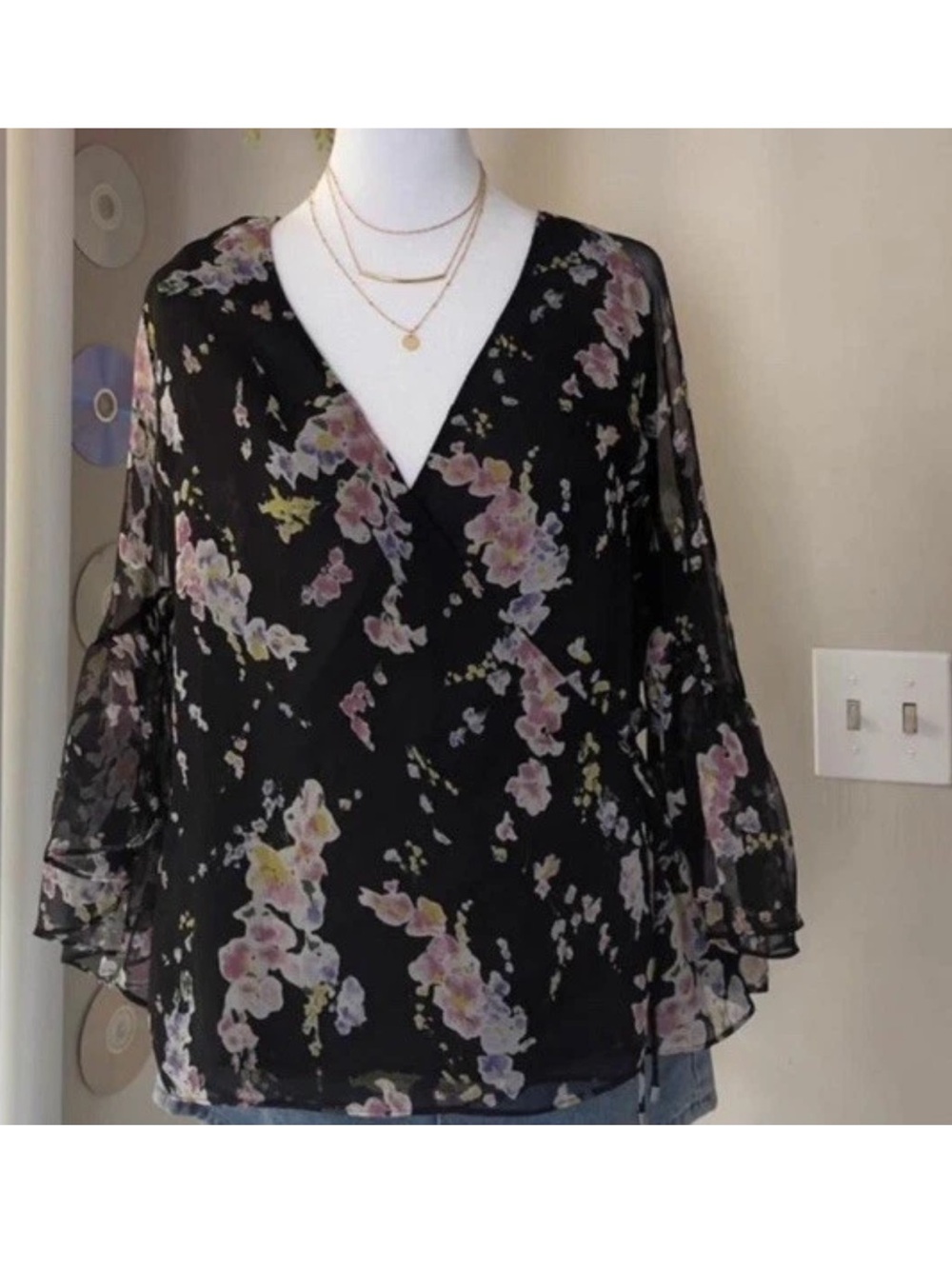 LAUREN RALPH LAUREN Black Floral Airy Boho True Wrap Blouse Bell Sleeve SZ L NWT